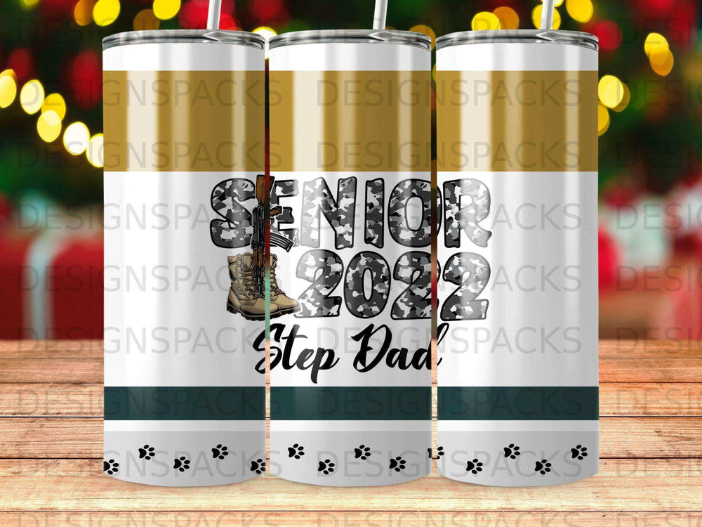 Senior 2022 Step Dad tumbler with white, gold, and green design.