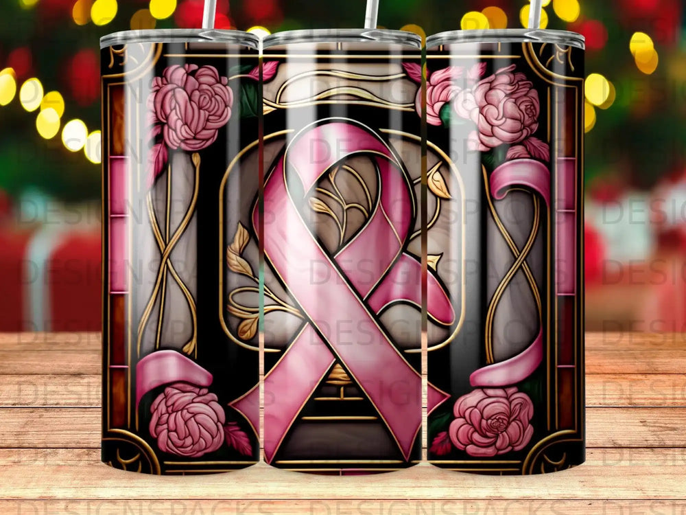 Pink ribbon design on a tumbler with roses and ornate gold details.
