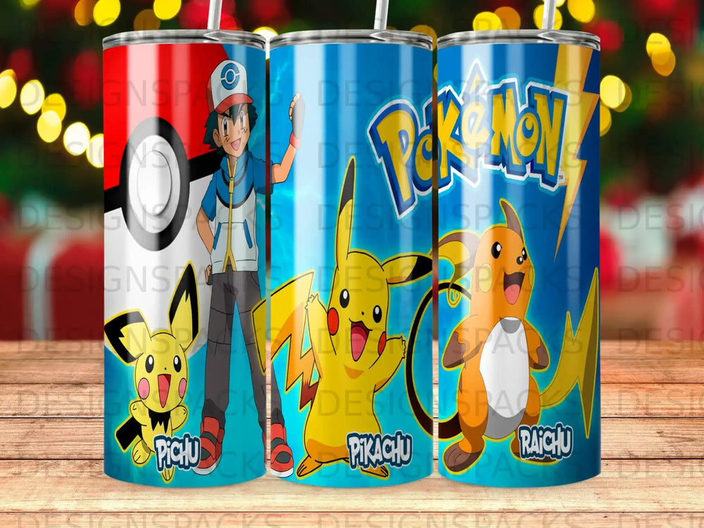 Three Pokémon-themed tumblers featuring Ash Ketchum, Pikachu, and Raichu.