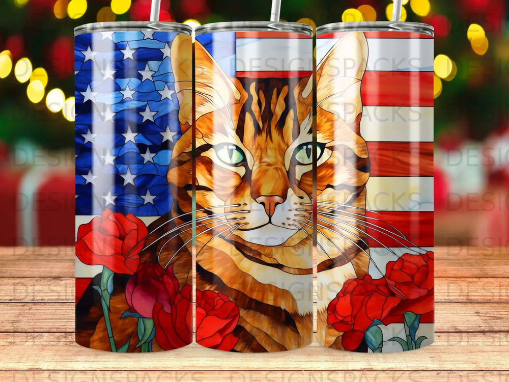 Tabby cat with American flag and red roses tumbler wrap design.