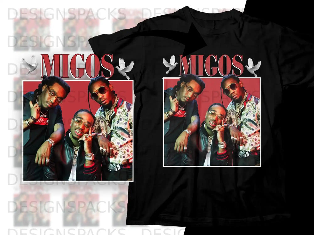 Migos rappers Quavo, Offset, and Takeoff on a black t-shirt design.
