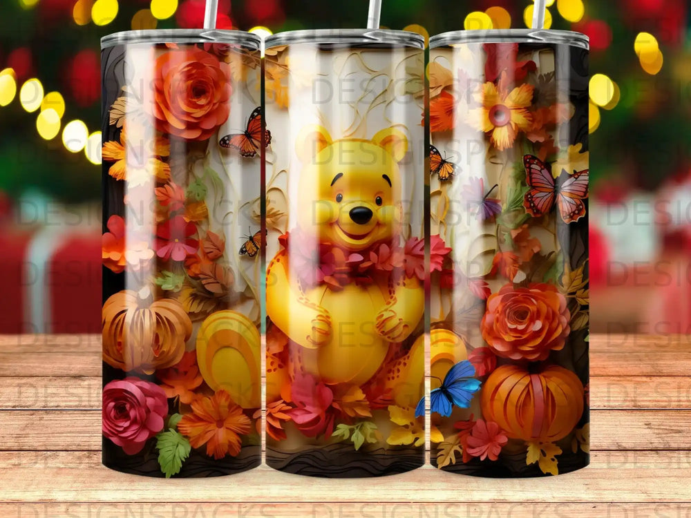 Winnie the Pooh with autumn leaves, pumpkins, and butterflies.