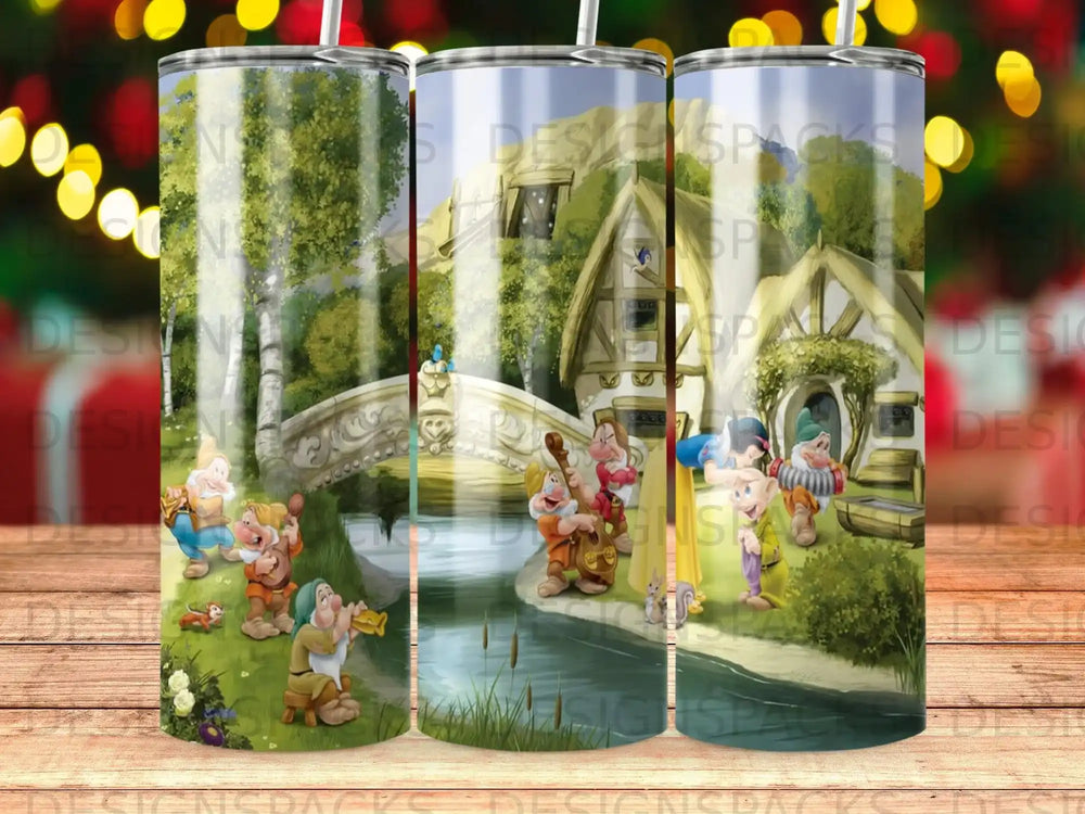 Snow White's seven dwarfs in a fairytale village by a stream.