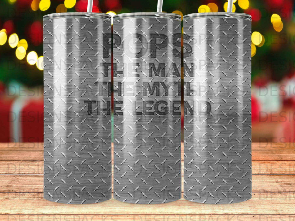 Tumbler with a diamond plate background and text "Pops The Man The Myth The Legend".