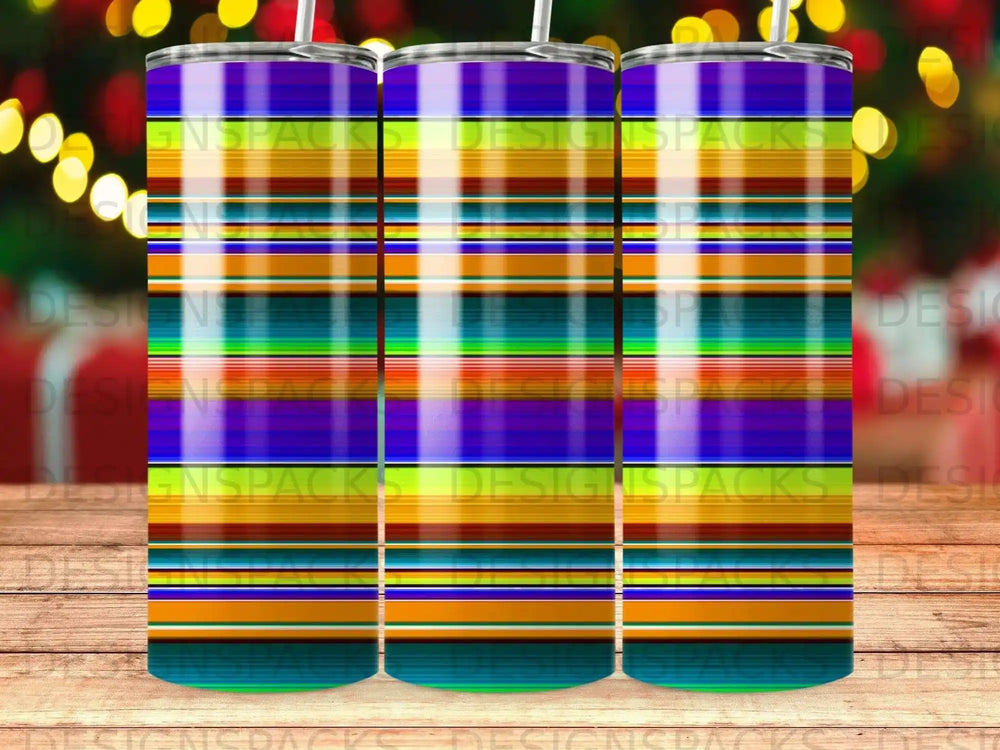Striped tumbler with colorful horizontal bands and a bokeh background.