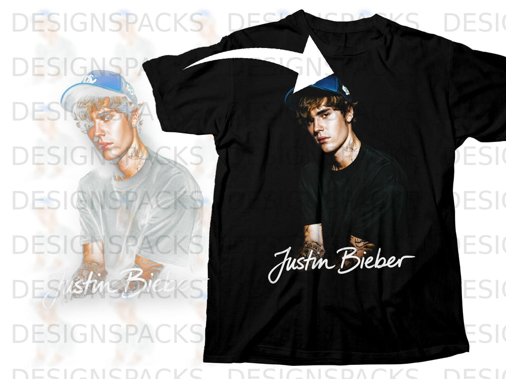 Black t-shirt featuring a portrait of Justin Bieber with his name below.