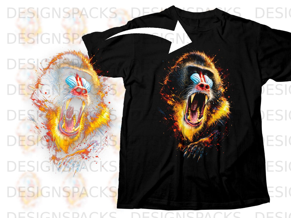 Black t-shirt with a roaring mandrill graphic in vibrant colors.