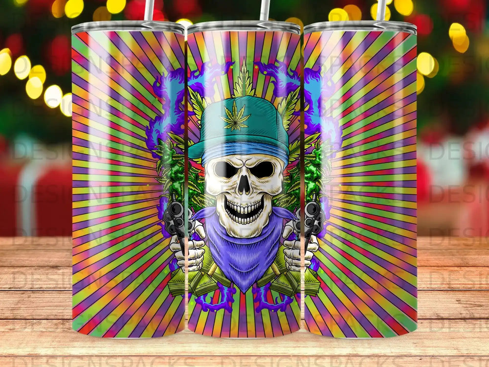 Skull with guns and weed leaf, colorful radiating background.