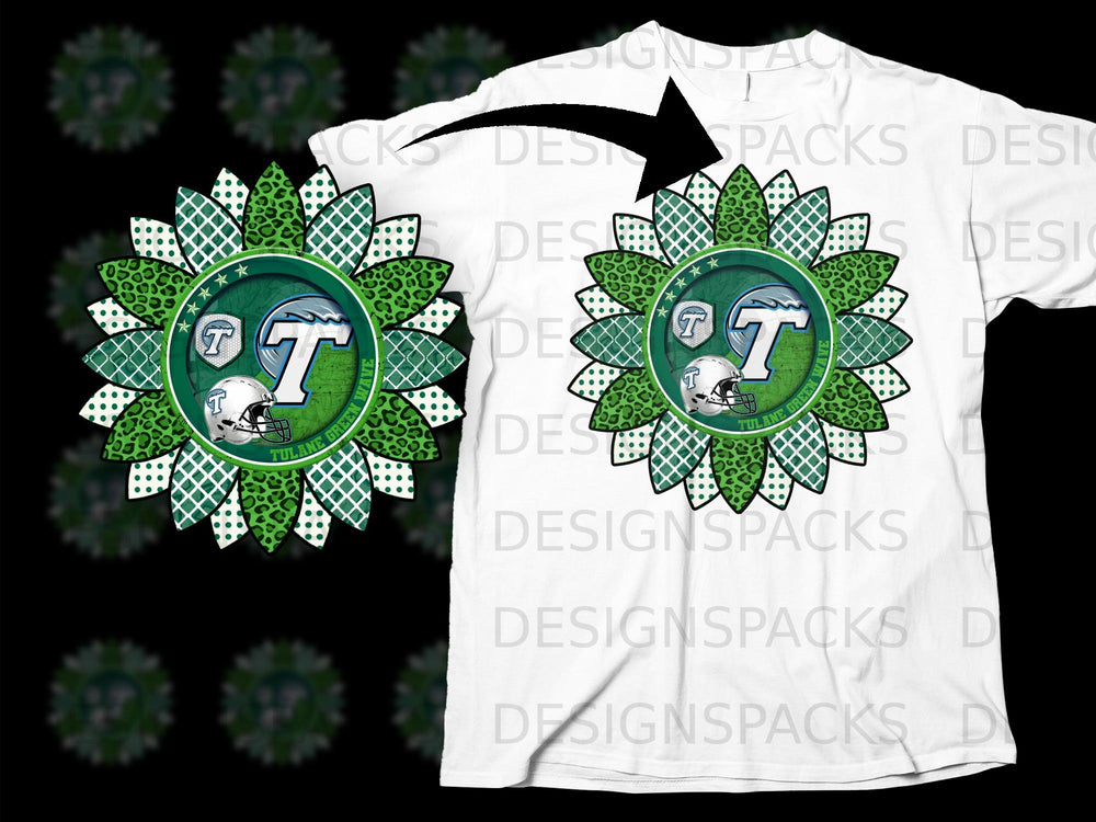 Tulane Green Wave sunflower graphic with large T logo and football helmet.