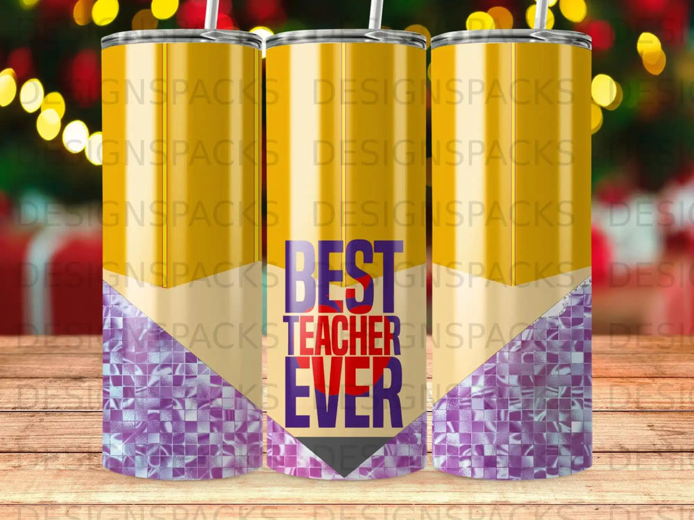 Tumbler with "Best Teacher Ever" text and a purple mosaic pattern.