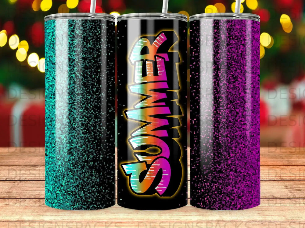 Three glitter tumblers with "Summer" text design.