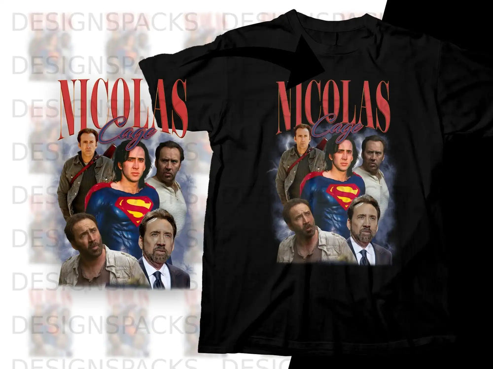 T-shirt with Nicolas Cage collage including Superman costume.