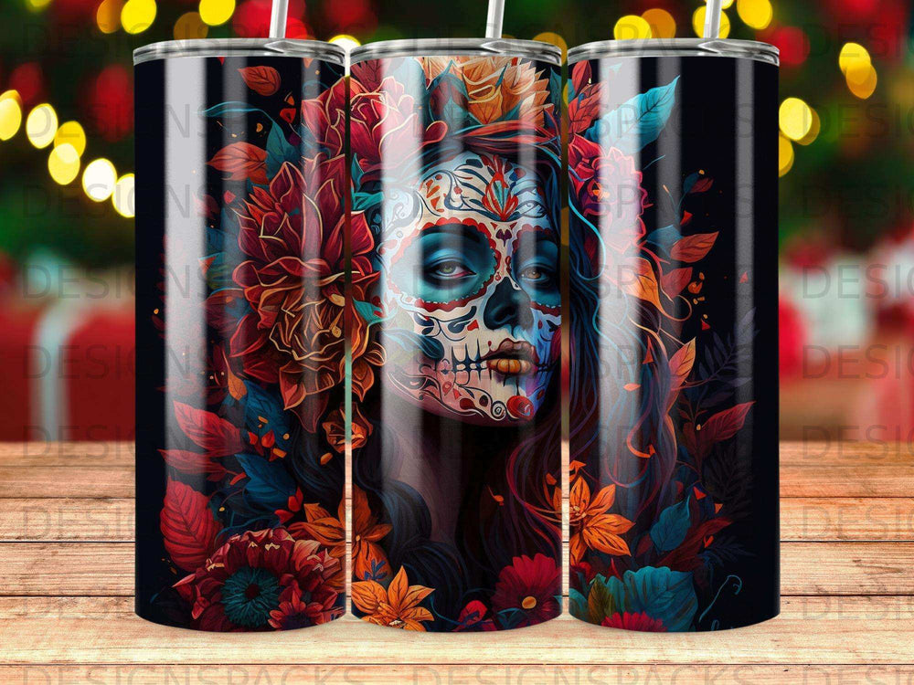 Sugar skull woman with colorful floral headdress on a black background.