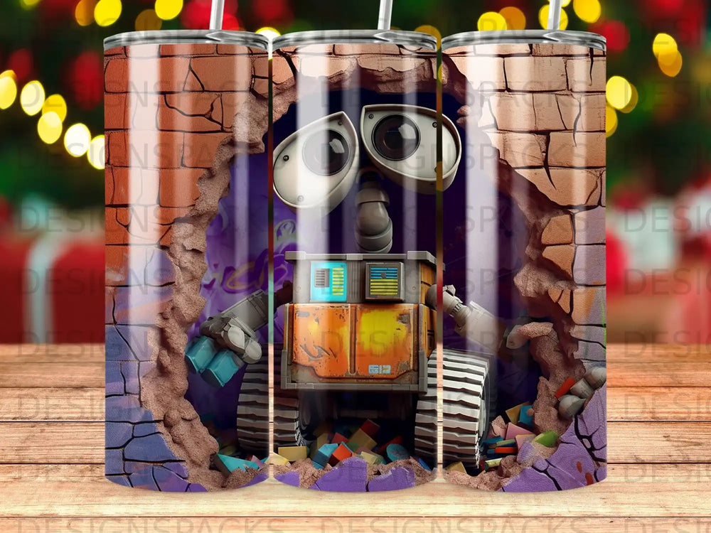 Wall-E character peeking through a cracked brick wall.