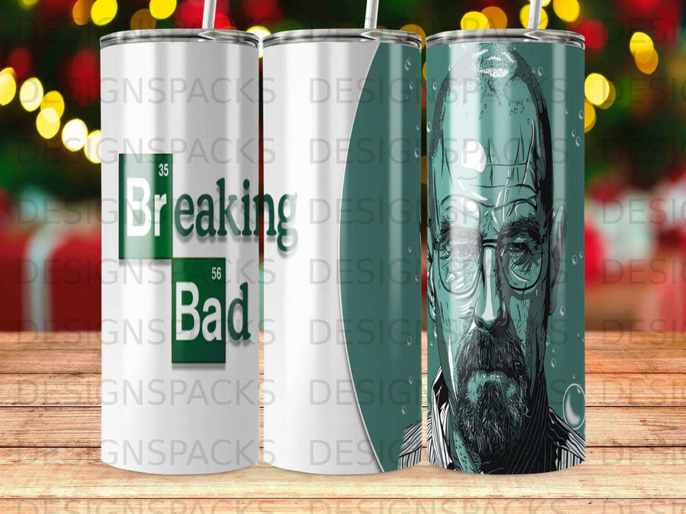 Breaking Bad tumbler featuring Heisenberg portrait and logo.