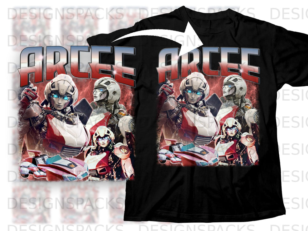 Black t-shirt featuring Transformers Arcee with robots and a pink sports car.