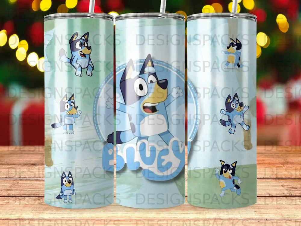 Bluey characters on a teal tumbler with repeating "DESIGNSPACKS" pattern.