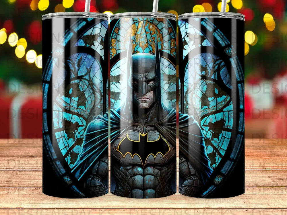 Batman art with stained glass window background and golden bat symbol.