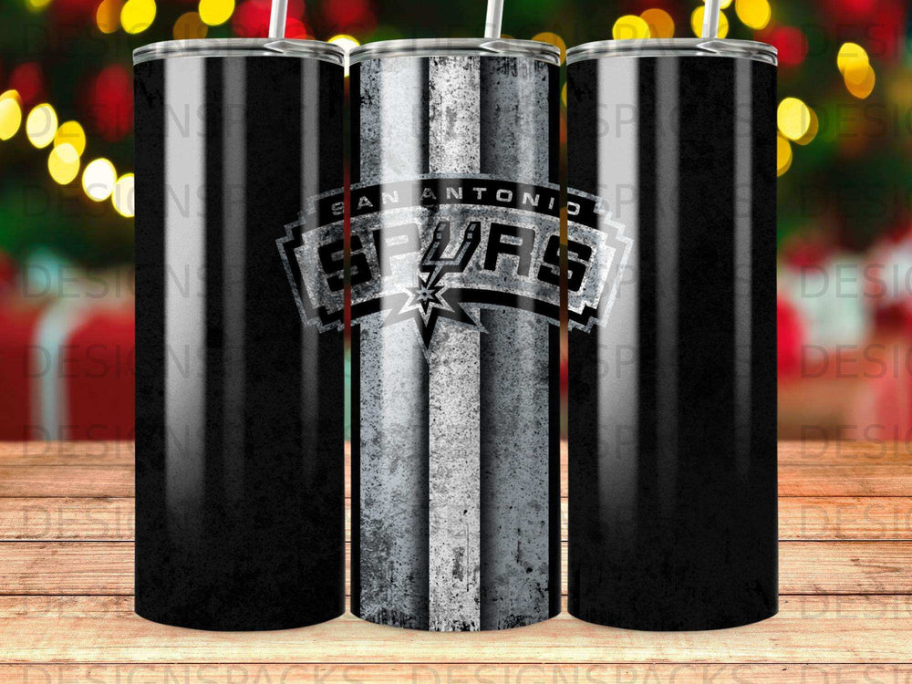 San Antonio Spurs logo on a black and white textured tumbler.