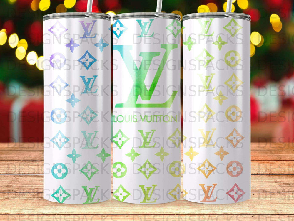 Tumbler with Louis Vuitton monogram pattern and subtle bokeh background.