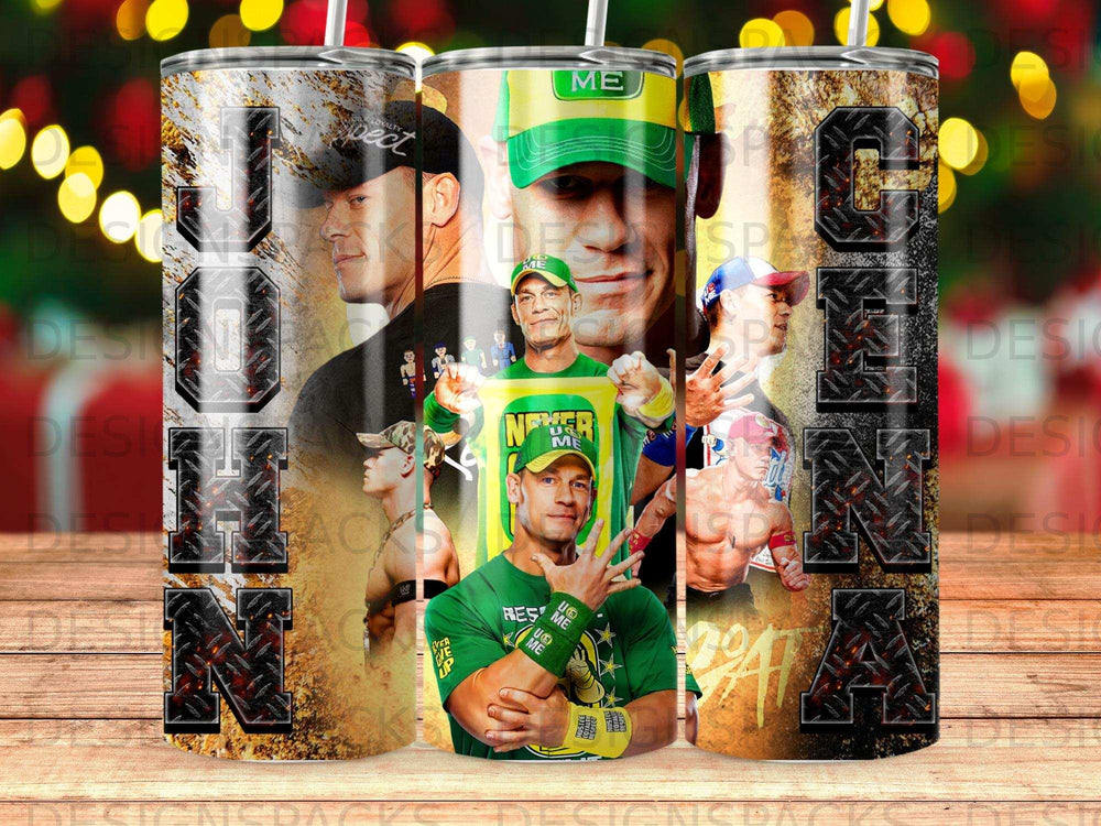 John Cena tumbler with "Never Give Up" and diamond plate design.