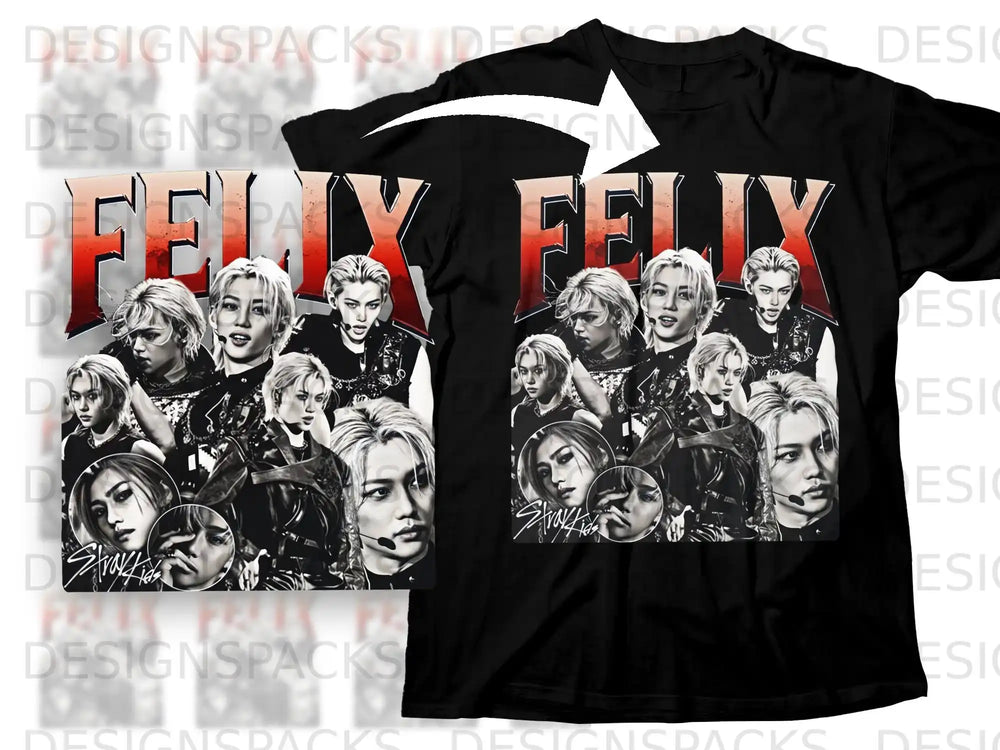 Stray Kids Felix collage on black t-shirt, white text reads "Felix".