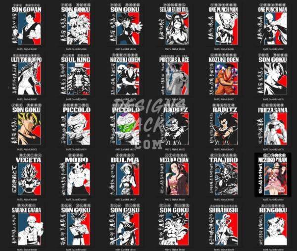 Anime character designs for DTF/DTG printing, featuring Son Goku, Vegeta, and other popular characters in vibrant styles.