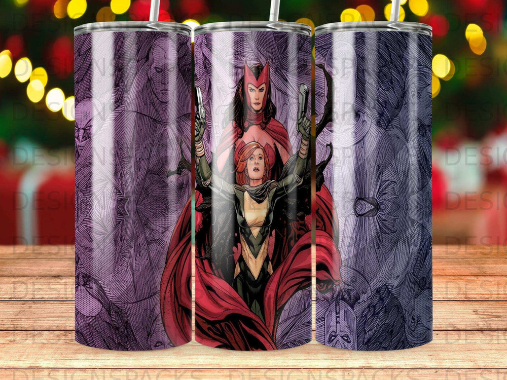 Scarlet Witch and Vision characters in purple and red on a tumbler.