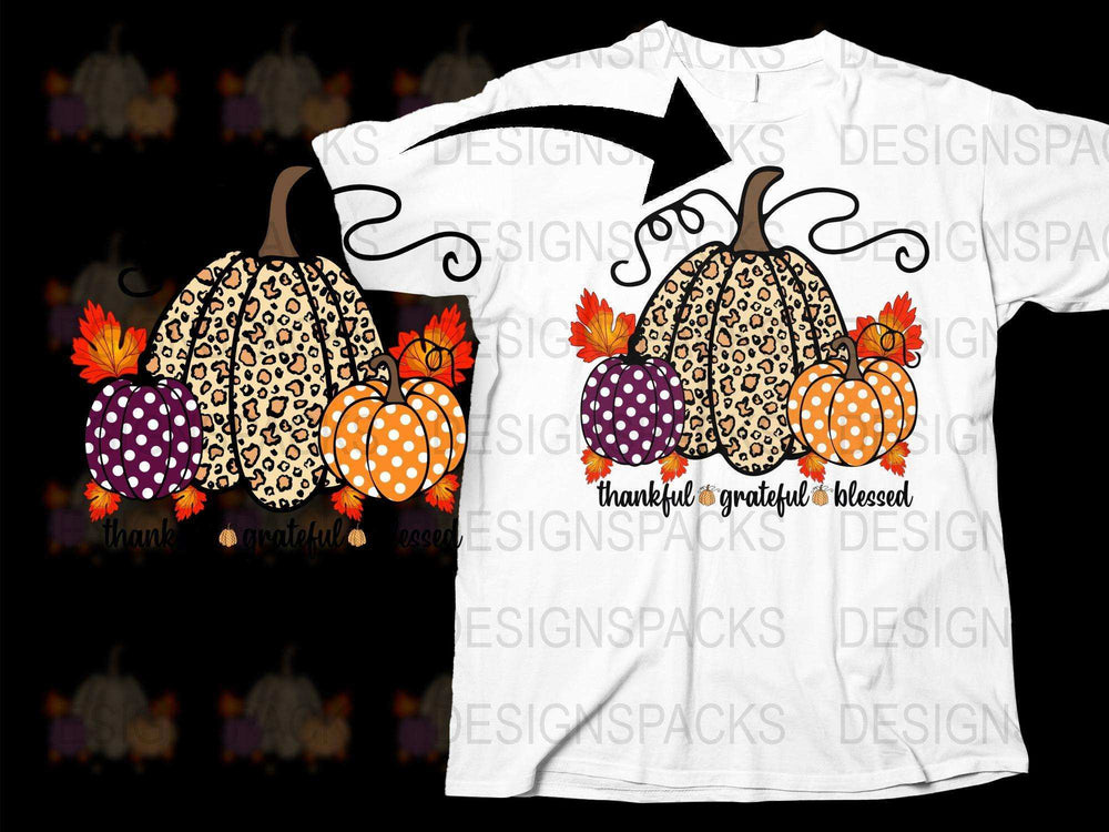 Thanksgiving T-Shirt, Leopard Print Pumpkins, Grateful Blessed Tee, Autumn Fall Fashion, Colorful Pumpkin Graphic, Unisex Shirt Design