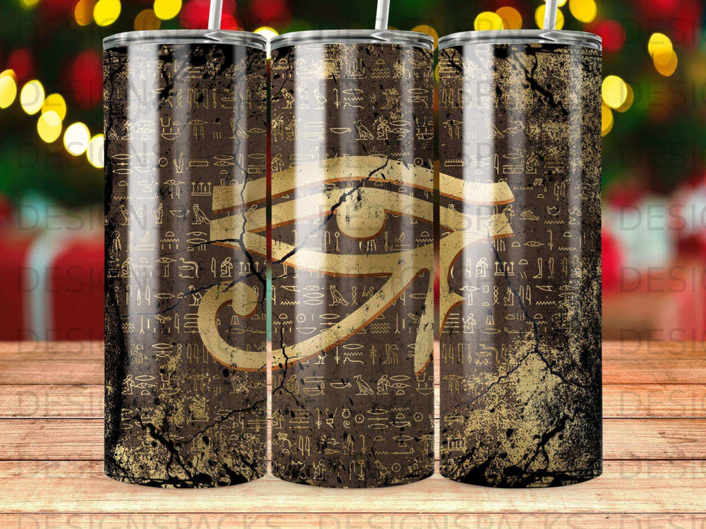 Three tumblers with Egyptian Eye of Horus design and distressed texture.
