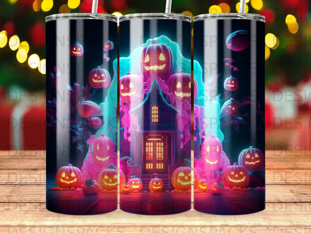 Haunted house with glowing pumpkins and spooky details.
