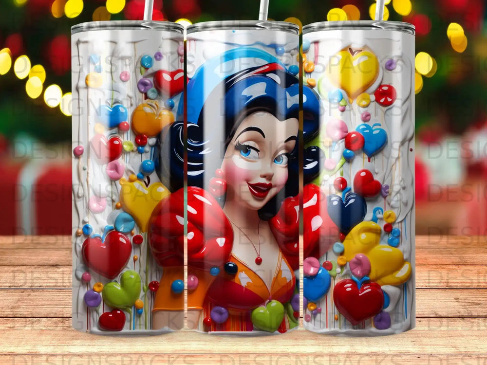 Snow White surrounded by colorful heart-shaped balloons and glitter.
