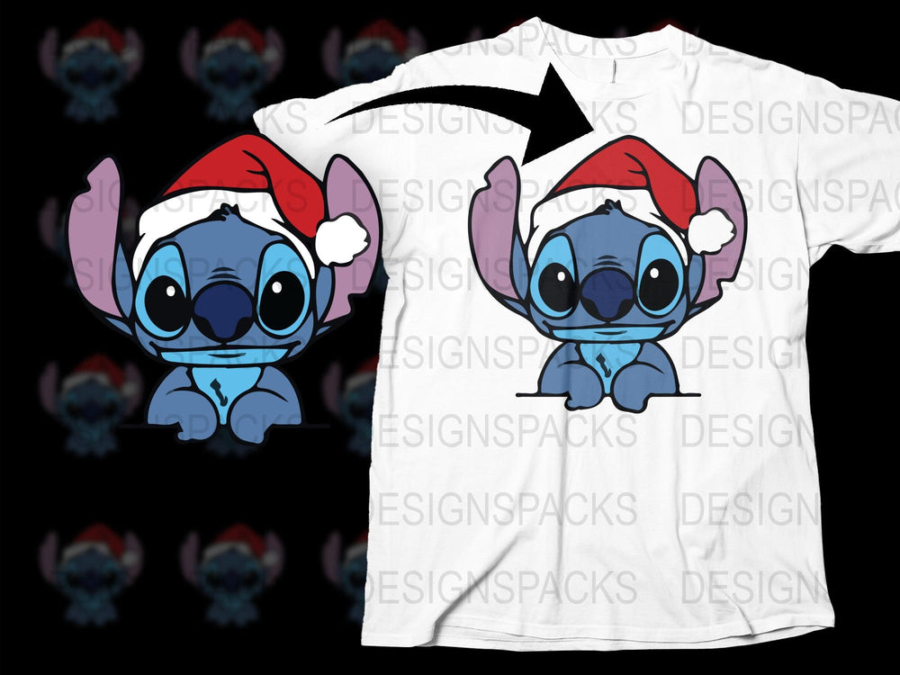 Cute Stitch Christmas T-Shirt, Santa Hat Cartoon Character Tee, Holiday Gift for Kids and Adults