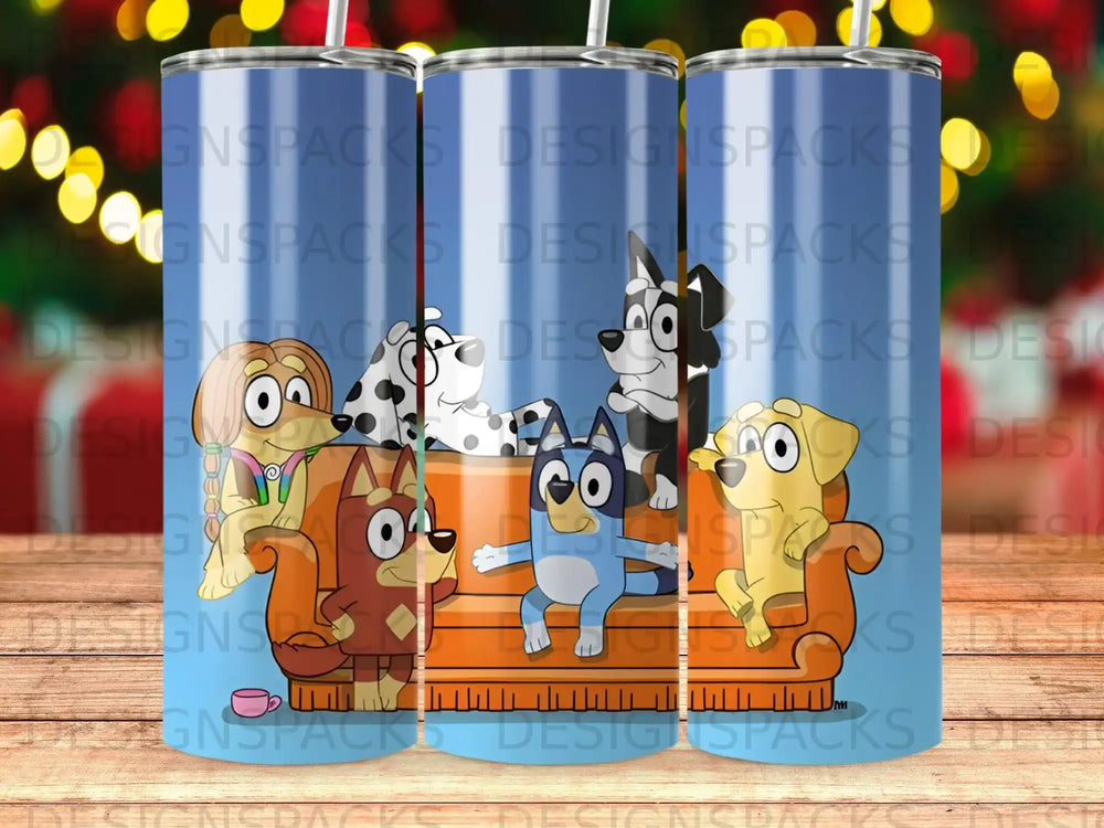 Bluey and friends sitting on an orange couch.
