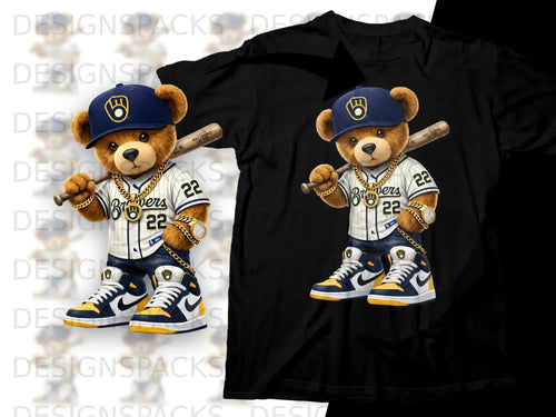 Bear wearing baseball uniform and holding bat, 