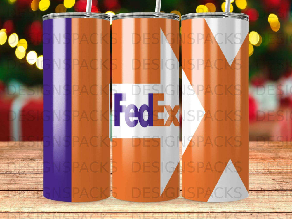 Three stainless steel tumblers with FedEx logo and "DESIGNS PACKS" branding.