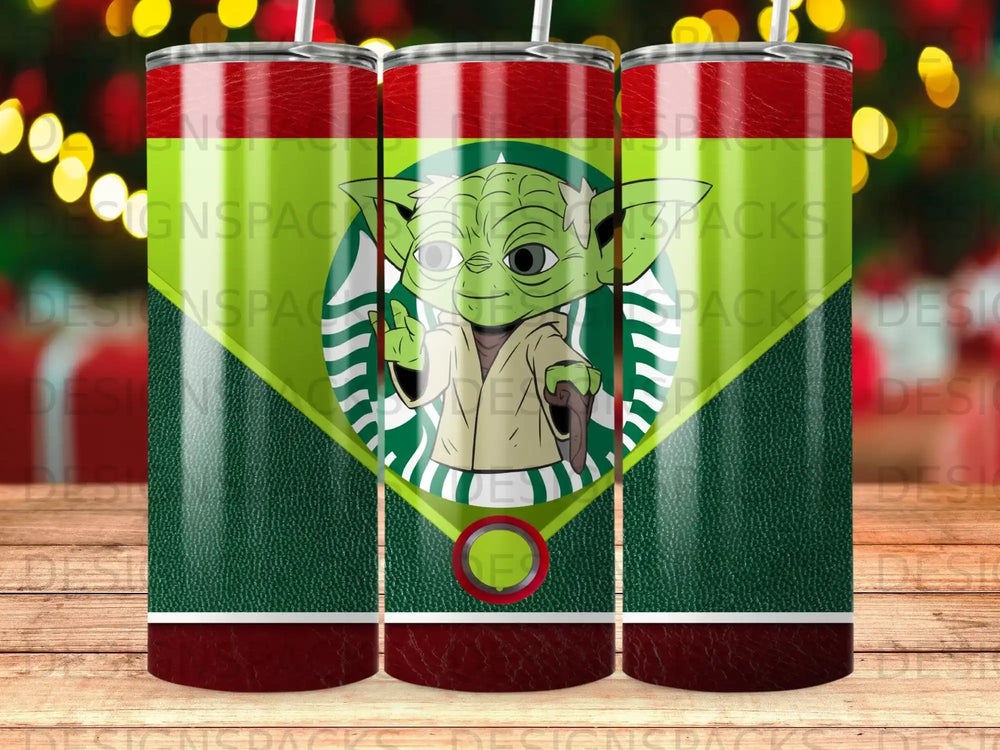 Yoda peeking from behind a green and red striped tumbler with a circular logo.