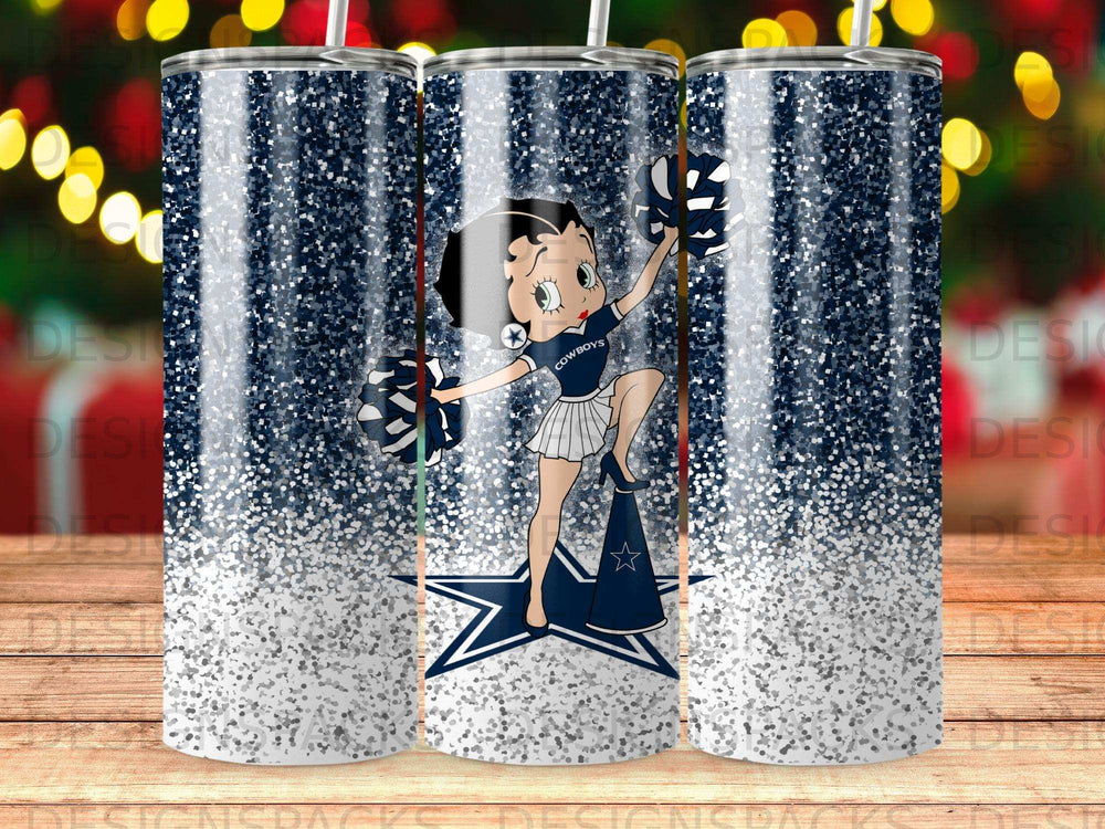 Cowboys cheerleader cartoon on sparkly blue and silver glitter tumbler.