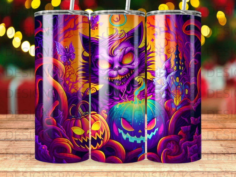 Halloween tumbler with spooky purple cat, jack-o'-lanterns, and dark, mystical forest background.
