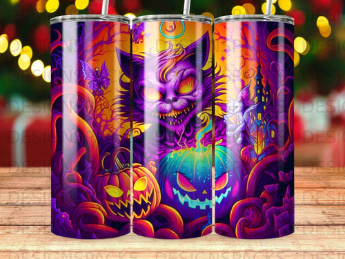 Halloween tumbler with spooky purple cat, jack-o'-lanterns, and dark, mystical forest background.