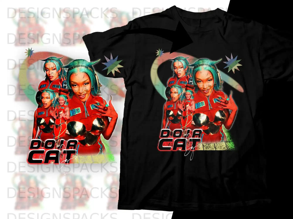 Doja Cat graphic t-shirt with colorful abstract background and stars.