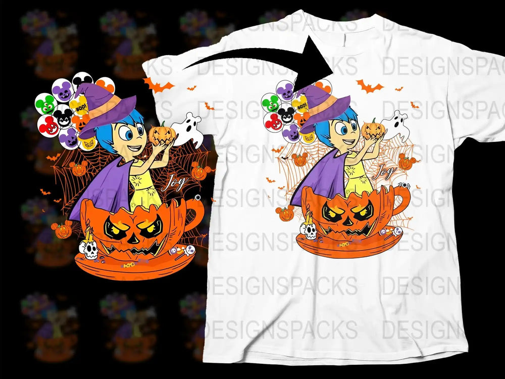 Halloween Witch T-Shirt, Kids Spooky Pumpkin Ghost Cartoon Tee, Colorful Witch Hat, Bats and Candies, Unisex Children's Apparel