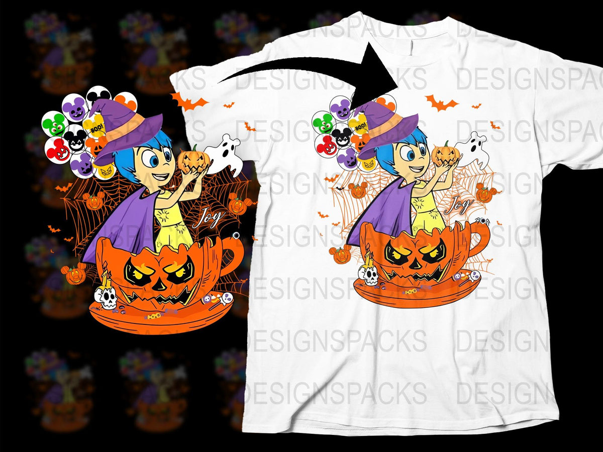 Halloween Witch T-Shirt, Kids Spooky Pumpkin Ghost Cartoon Tee, Colorful Witch Hat, Bats and Candies, Unisex Children's Apparel