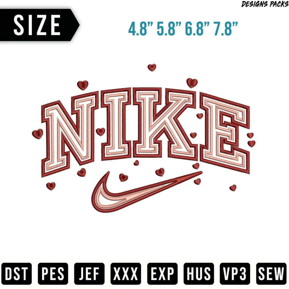 Nike logo with hearts, available in multiple sizes and embroidery formats.