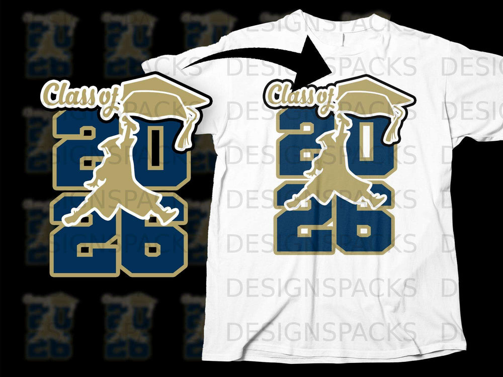 Class of 2026 graphic with graduation cap on a white t-shirt.
