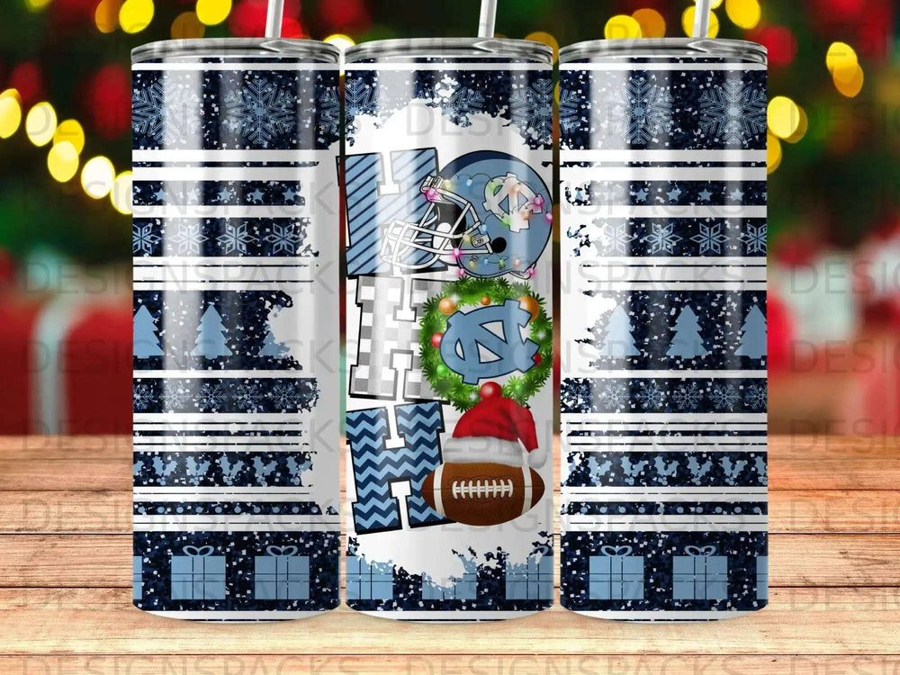 Christmas tumbler with UNC Tar Heels logo and football design.