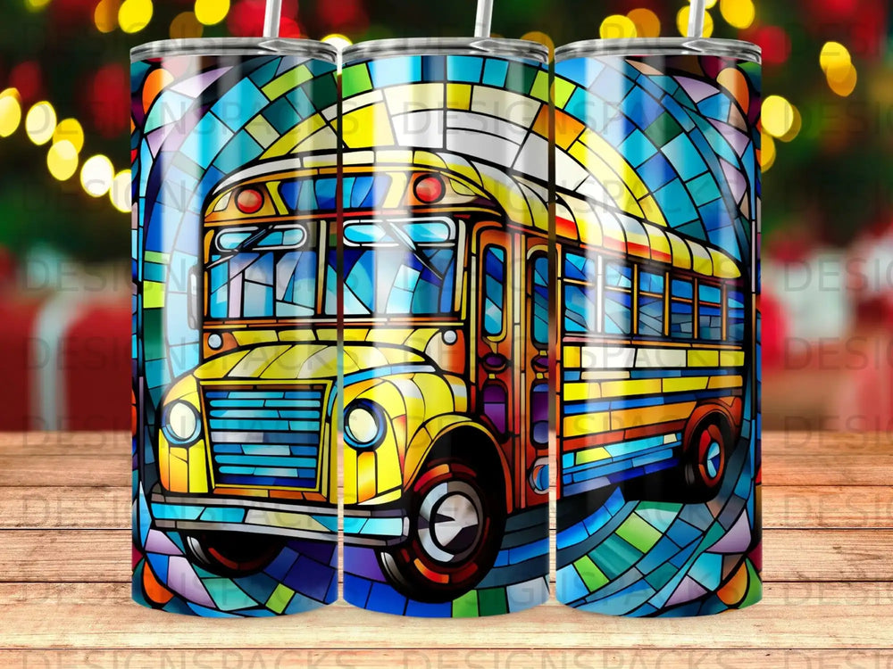 Yellow school bus with stained glass pattern against bokeh lights background.