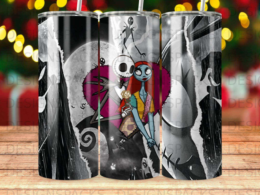 Jack and Sally embrace in front of a large heart on a Nightmare Before Christmas themed tumbler.