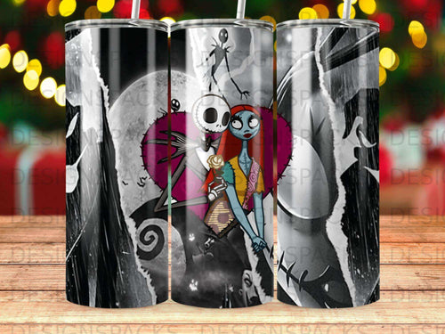 Jack and Sally embrace in front of a large heart on a Nightmare Before Christmas themed tumbler.