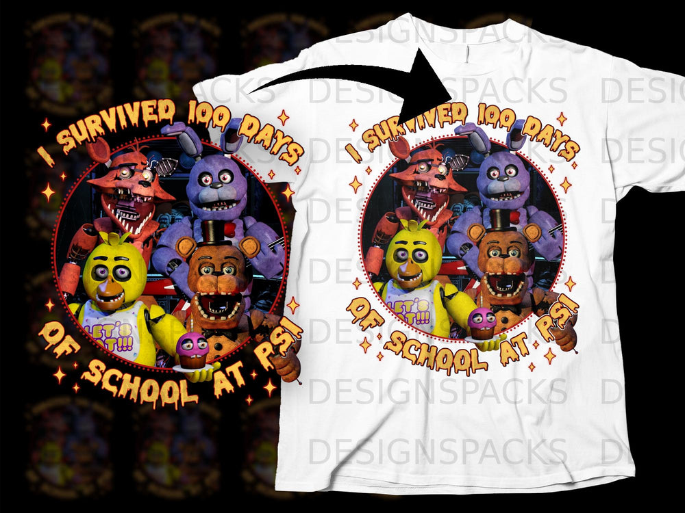 FNAF characters surrounding text: "I survived 100 days of school at PSI."